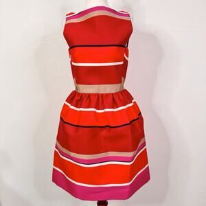 Lanvin Paris Striped Fit Flare Dress Red Pink Silk Blend Size 36 NWT Classic